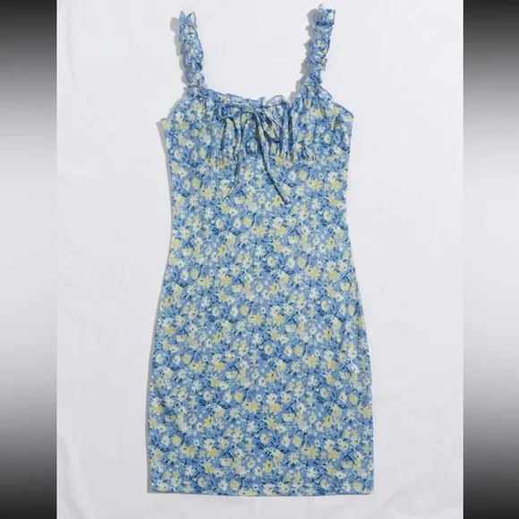 NWT Blue Floral Bodycon Ruffle Sun Dress Summer Spring SHEIN Vacation - Picture 10 of 12